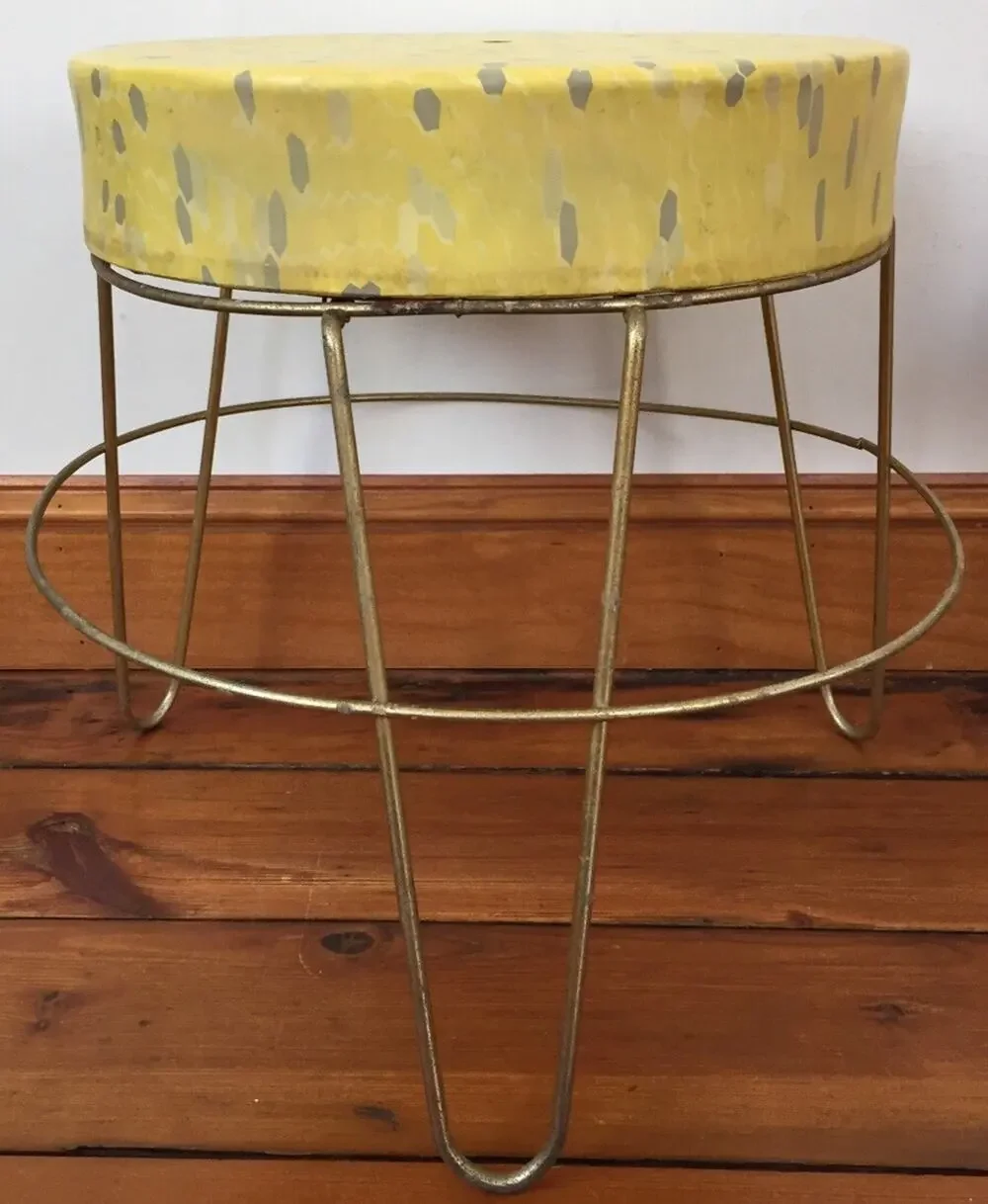Vintage Mid Century Modern Atomic Era Beehive Hairpin Vinyl Brass Stool 14.75